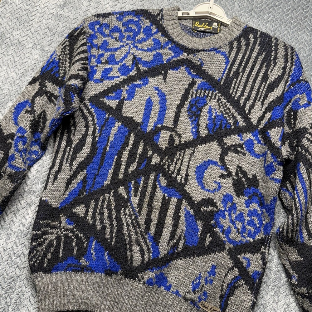 Vintage Abstract Knit Sweater Men's‎ M/L Gray Blue 80s 90s Argentina Paul Lame